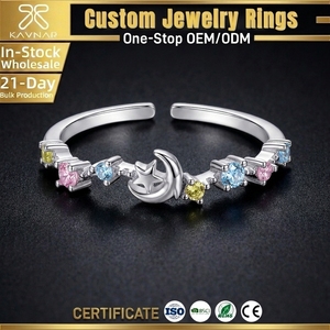 Anelli Regolabili per Donne con CZ Colorati <span class=keywords><strong>Luna</strong></span> e Stella, Placcati in Oro Bianco 18K, Anello Celestiale Arcobaleno - Product Image 1