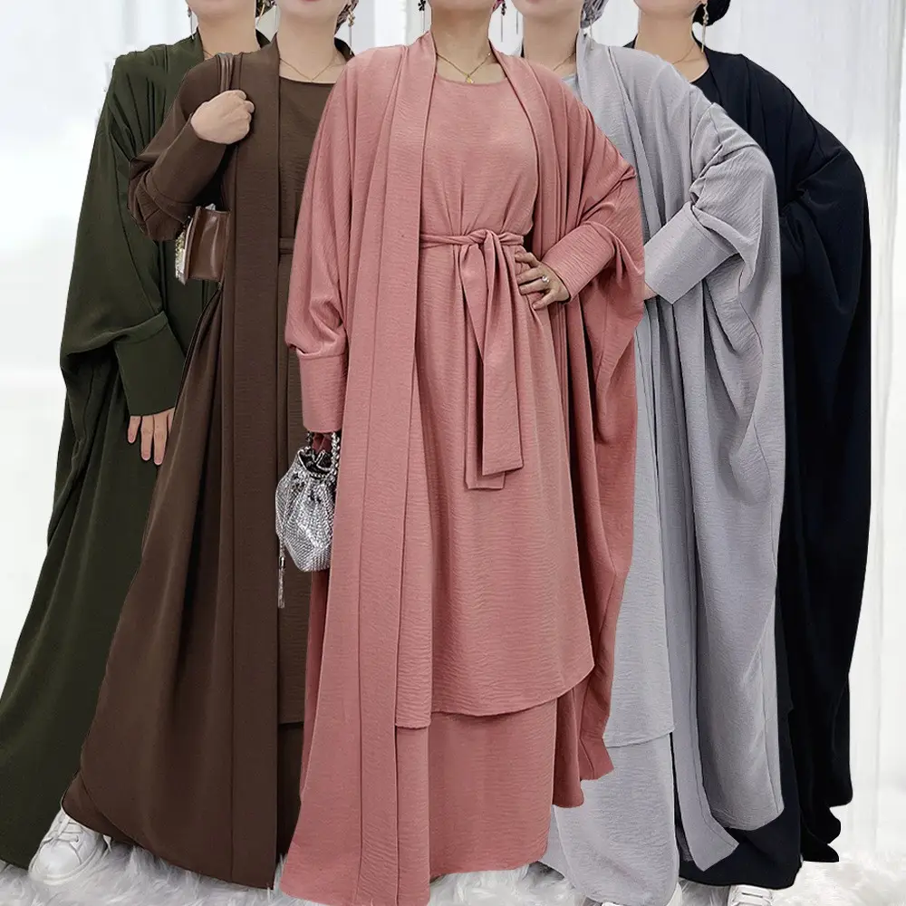 Pakaian Mode 2022 3 Set Gaun Muslim Warna Solid Buka Abaya dengan Gaun Dalaman Pakaian Islami Timur Tengah Turki Dubai Ro