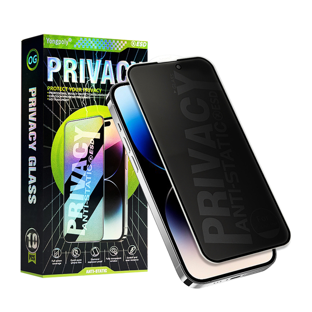 Yongpoly Full Glue High Aluminum Privacy Tempered Glass Film ESD Screen Protector Anti Spy for iPhone 16 15 14 13 12 11