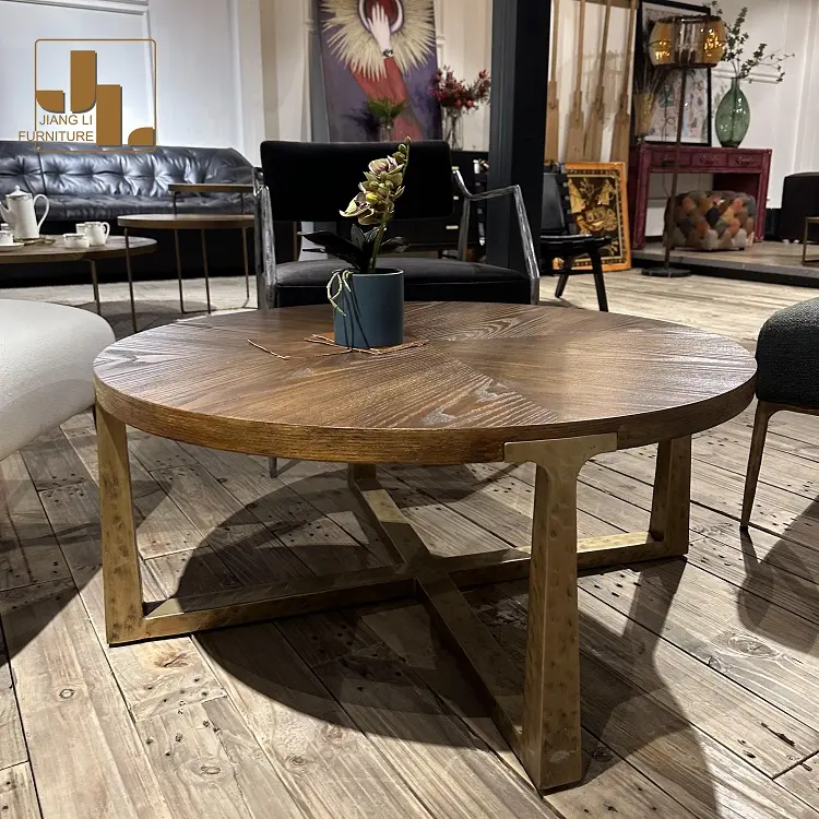 Table basse ronde en bois vintage nordique cadre en métal table basse en noyer pour meubles de salon d'hôtel