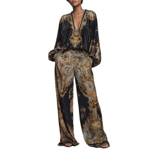 Ensemble de costume en velours imprimé pour femmes, col en V, manches longues, pantalon, motif floral rétro, vêtements décontractés, Europe, Amérique, Moyen-Orient, XS, S, M, L, XL - Product Image 5
