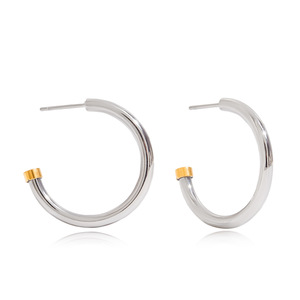 <b>Huggie</b> Earrings 18K Gold Stainless Steel C Shape <b>Silver</b> Gold Color Blocking Minimalist Design - Product Image 5