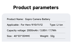Batterie prix usine pour <span class=keywords><strong>GoPro</strong></span> <span class=keywords><strong>Hero</strong></span> 12 11 10 <span class=keywords><strong>9</strong></span> batterie haute qualité 3.85V 2000mAh - Product Image 5
