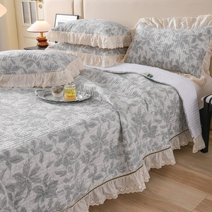 <span class=keywords><strong>Copriletto</strong></span> floreale trapuntato per letto matrimoniale con Ruffled <span class=keywords><strong>grigio</strong></span> originale in lino con stampa retrò <span class=keywords><strong>copriletto</strong></span> trapuntato - Product Image 4