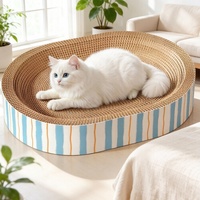 Vente en gros de lits pour chats en carton ondulé et papier, forme ovale, avec bande rayée bleue et orange, pour chats d'intérieur, OEM