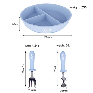 Children's Silicone Divided Bowl <b>Set</b> 180mm With Fork And Spoon Light Blue For 1-2 Years Kids Mealtime Use - Product Image 1