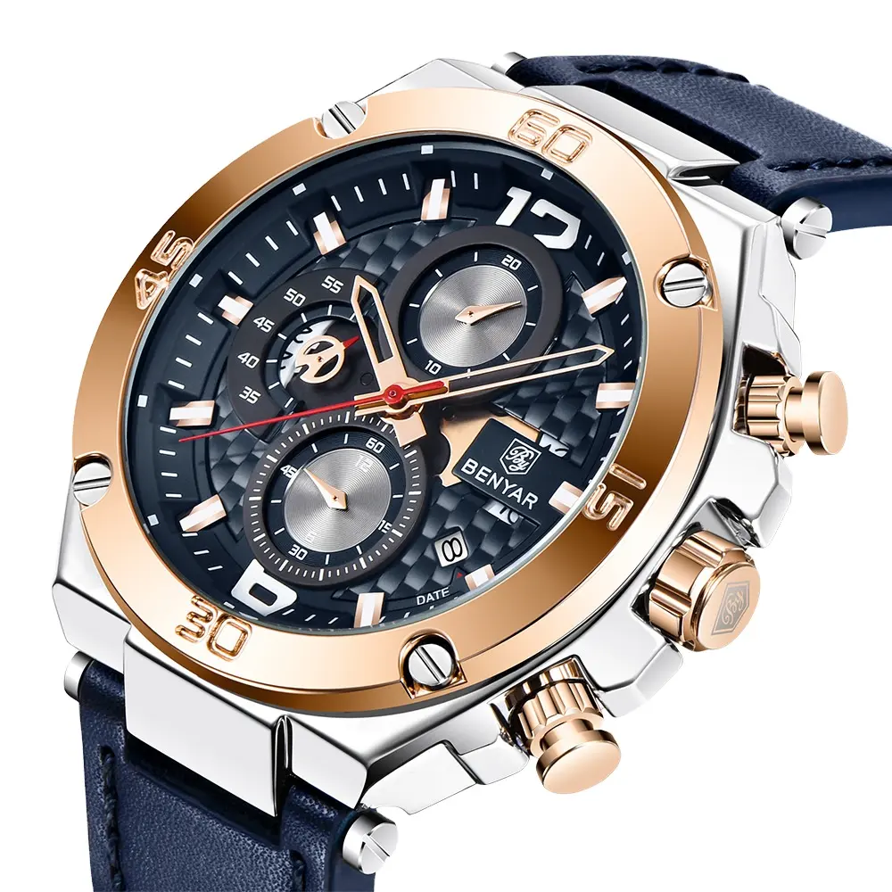 BENYAR 5151 Men Watch Chronograph Wristwatches Quartz Sport Watches Luxury Leather Relogio Masculino