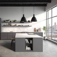 Cuisine moderne avec armoires en placage de bois foncé gris mat, îlot de cuisine en marbre cascade, sans poignées, panneaux E1, ensemble de cuisine sur mesure