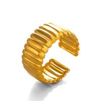 Cincin Garis Minimalis Baja Tahan Karat Gaya Instagram Mode Eropa dan Amerika untuk Wanita, Lapis Emas 18K, Lebar dan Tebal