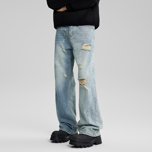 Homens Lavagem de Alta Qualidade Desbotada Azul Splicing Moda <span class=keywords><strong>Jeans</strong></span> Casual Rasgado Baggy Straight <span class=keywords><strong>Jeans</strong></span> Custom Men Whisker Designer <span class=keywords><strong>Jeans</strong></span> - Product Image 2