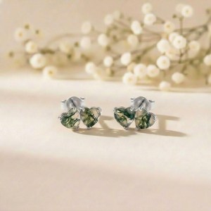 Green Moss Agate Heart <b>Stud</b> Earrings Natural Gemstone In 925 <b>Sterling</b> <b>Silver</b> Or 18K Gold Filled Dainty Minimalist Elegant Jewel - Product Image 3