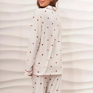 Set <span class=keywords><strong>Pigiama</strong></span> Invernale di Alta Qualità per Donna in Cotone Organico e Bambù, Colletto a Risvolto, Stampa a <span class=keywords><strong>Cuori</strong></span>, Morbido <span class=keywords><strong>Pigiama</strong></span> Lungo in Modal - Product Image 6