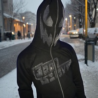 Sweat à capuche personnalisé en coton éponge français à fermeture éclair complète 100% Fabricant vérifié Street Wear Démon Visage Imprimé Strass Détail