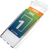 Porte-badge vertical rigide en plastique OEM ODM, durable, avec fente latérale pour cartes, protection de cartes, cordons, vente en gros usine