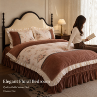 Parure de lit 4 pièces en velours de lait polyester, motif floral matelassé teint réactif, avec housse de couette en soie glacée et bordure à volants en dentelle