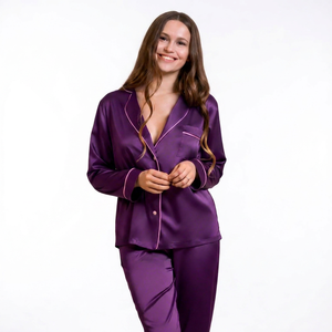 Ensemble de pyjama en satin de soie 100 % pour femme, manches longues, col en V, boutonnage frontal, violet uni, élégant, longueur mi-longue, taille mi-haute, vêtements de nuit - Product Image 1