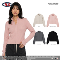 Chaqueta de mujer de punto de doble cara súper suave de 290GSM con cuello medio alto, cremallera completa, mangas con dedos extendidos y cintura recortada ajustada