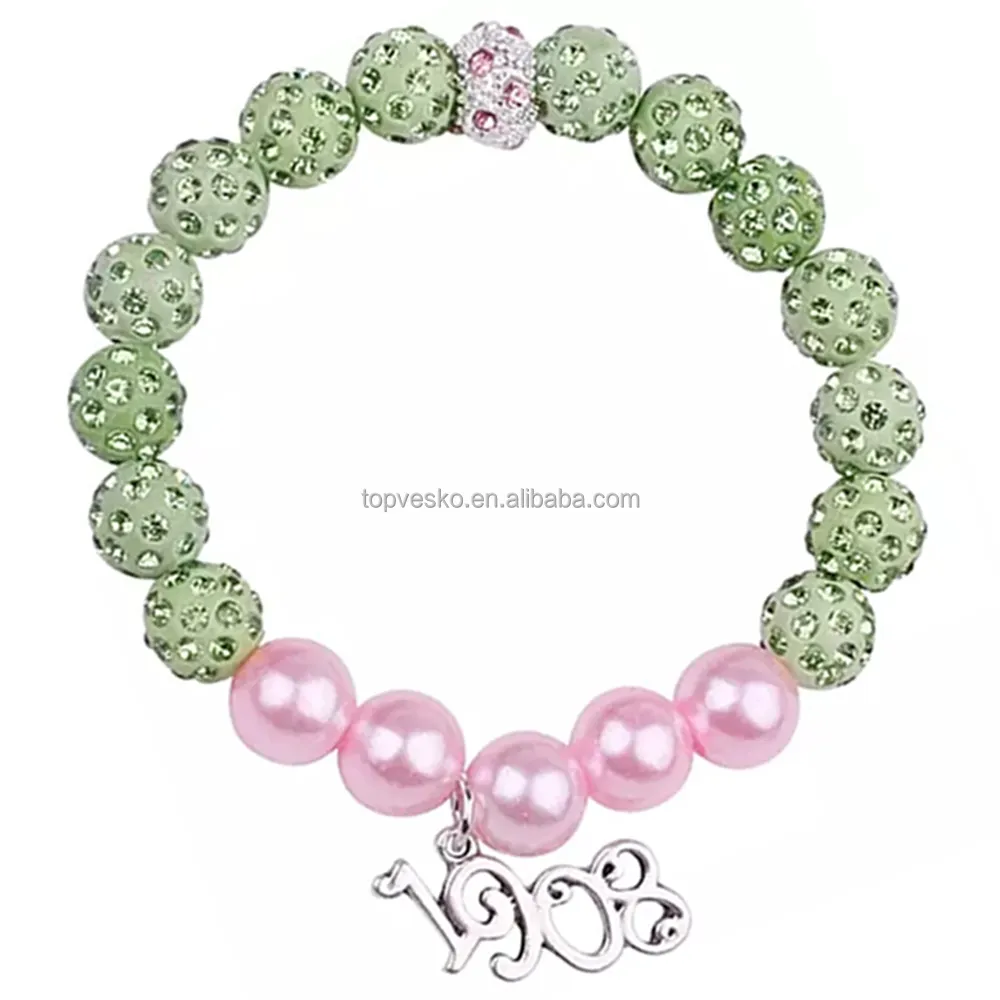 Lady Souvenir Jewelry Gift Greek Sorority Green and Pink Beading Charm Elastic Bracelet Graduation Gift