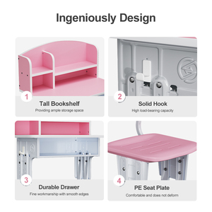 Ensemble table et chaise d'étude pour enfants, bureau d'apprentissage en bois et acier pour enfants avec étagère, hauteur réglable, mobilier pour la maison - Product Image 5