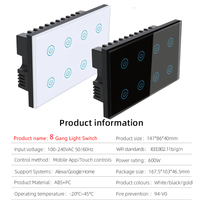 Interruptor de Luz Táctil Inteligente LangYeao de 8 Canales, Estándar del Reino Unido, WiFi Zigbee, Monitoreo de Energía, Bloqueo Infantil, Compatible con Alexa y Google Home