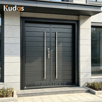 Porte d'entrée double battante en métal noir mat moderne à rainures horizontales, sur mesure, pour extérieur, sécurité renforcée
