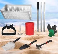 Râteau à sable détachable avec manche long de 47 pouces, tamis pliable à dents de requin, pelle à mailles, râteau à griffes et gants pour la plage