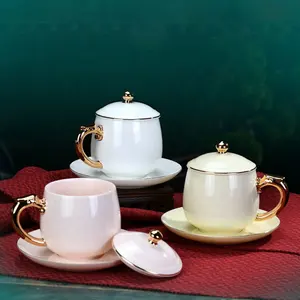 Белая фарфоровая керамическая чайная чашка из ягненка и нефрита для дома и офиса, окрашенная Золотая чашка для кофе с милыми знаками