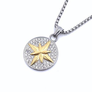 Men's Stainless Steel <b>Compass</b> Pendant With Crystal Rhinestone Star Design Two Tone Gold Round Necklace Everyday Wear - Product Image 5