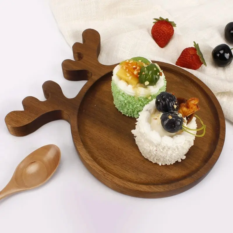 Christmas Wooden Dinner Plates Easy Cleaning Lightweight for Snack Dessert Santa Hat Christmas Tree Deer Shape