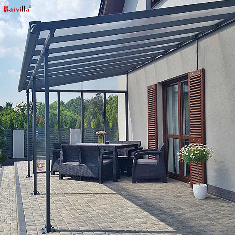 Durée de vie Résilient Polycarbonate Patio Auvents de Balcon En Métal Gris Cadre En Aluminium