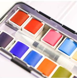 24 colores Premium sólida <span class=keywords><strong>acuarela</strong></span> medio sartenes en <span class=keywords><strong>caja</strong></span> de lata 1 recargable agua cepillo pluma pincel arte pigmento Kit perfecto para artistas - Product Image 1
