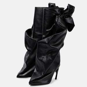 Wide Top Women's Knee High <b>Boots</b> Pointed Toe Bow Knotted Pants Long Booties Stiletto Hook Shape Heels Stage Shoes - Product Image 4