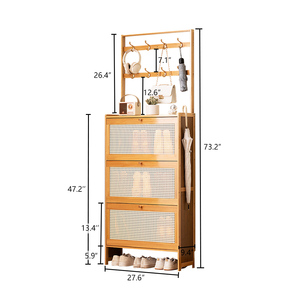 <b>Shoe</b> Cabinet with 3 Rattan Flip Drawers Bamboo Storage Coat <b>Hooks</b> Freestanding Entryway Organizer - Product Image 2