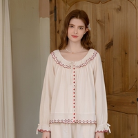 Ensemble de pyjama en coton doux pour femmes avec broderie en forme de cœur, bordure festonnée, ruban à nouer, vêtements de maison, fournisseur en gros, OEM ODM