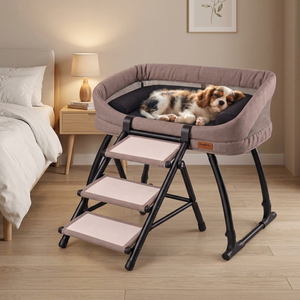 Cama elevada para mascotas con colchón acogedor y escalera de seguridad, junto a la cama del dueño - Product Image 4