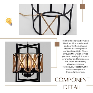 Suspension tressée à 3 lumières, en métal noir et ficelle de chanvre, style cage rustique ferme - Product Image 4