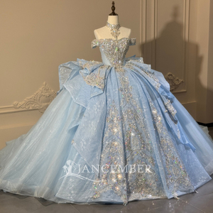 Xs313 Modern Stunning Crystal Choker Shoulder Scattered Rhinestone Ruffle Baby Blue Glitter <b>Ball</b> <b>Gown</b> Chapel Quinceanera Dress - Product Image 3