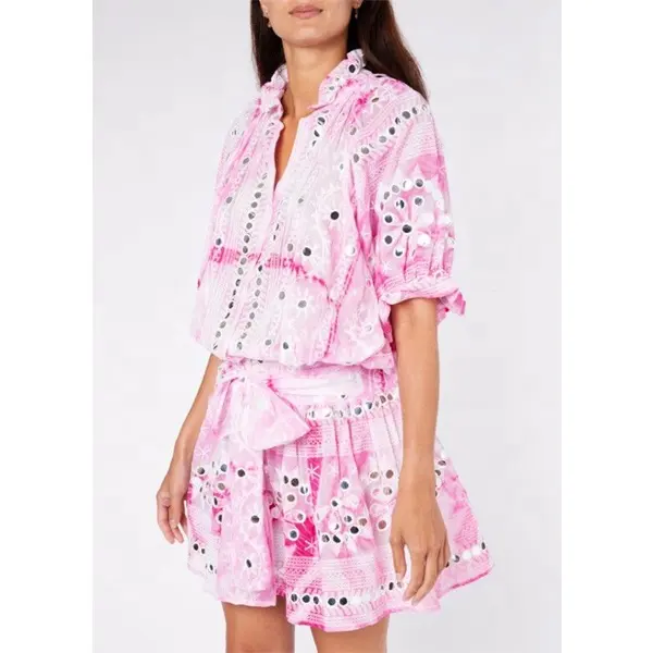 Telameforly — robe Chic pour fille, tenue de plage, Style Boho, motif miroir brodé, couleur rose, tunique de taille élastique, avec imprimé noed