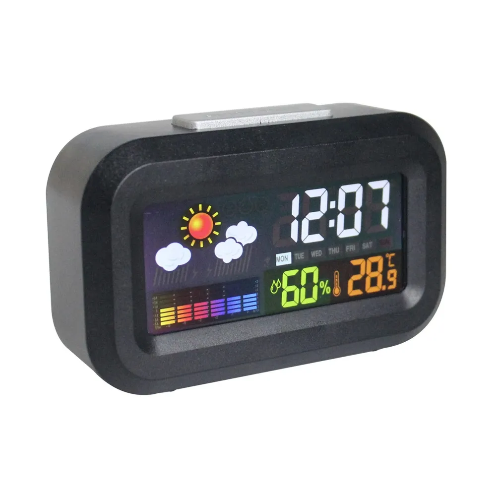 Réveil numérique de voyage à écran LCD rétroéclairé couleur alimenté par batterie avec calendrier, météo, affichage de la température