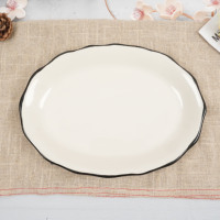 Assiettes de Dîner et Plat Ovale en Céramique Festonnée, Service de Table en Grès Ivoire à Bordure Noire pour Restaurant