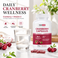 Capsules d'extrait de canneberge |   Vitamine C + Haute teneur en PAC |   Concentré de canneberge 36:1 |   500 mg 120 Capsules |   Marque privée OEM