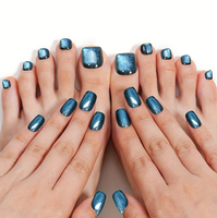 Lot de 48 faux ongles à presser bleus pailletés effet œil de chat pour mains et orteils, forme amande carrée, pour pédicure