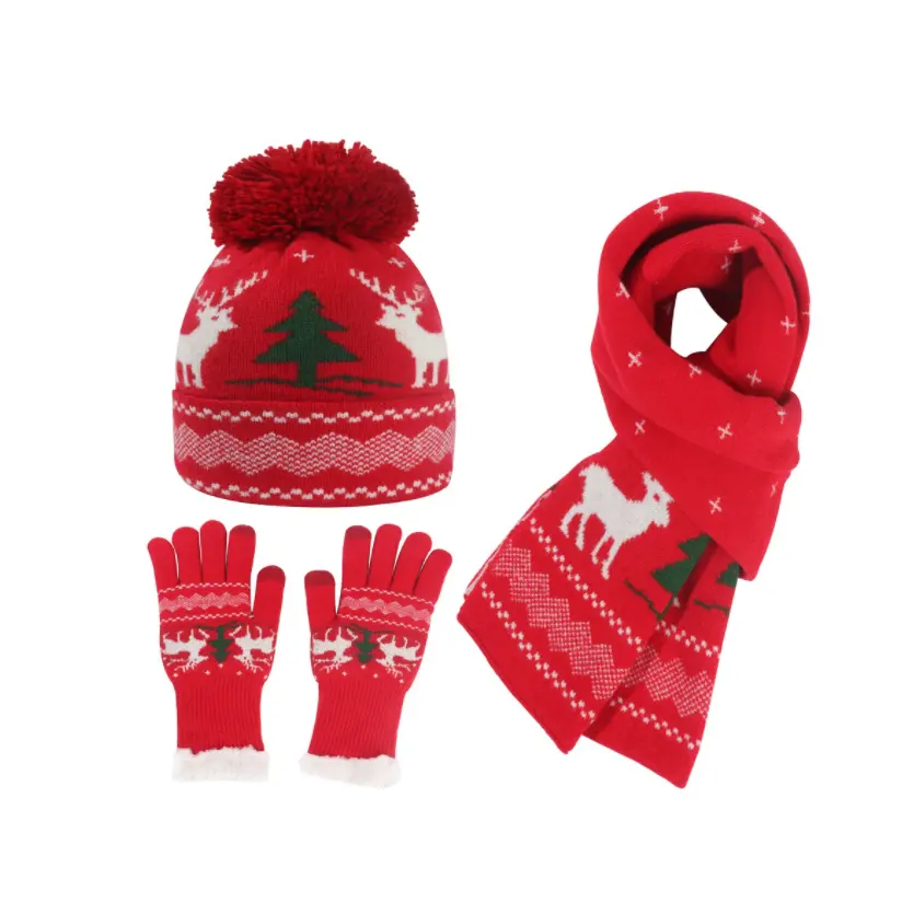 Atacado novidade inverno mulheres árvore de natal, malha, grossa, gorro, luvas, cachecol, 3 peças