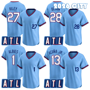 Camiseta de Béisbol Azul para Hombre, Bordada, de los Blue City, con los Nombres de Ronald Acuña Jr, Ozzie Albies, Matt Olson, Austin Riley, Hank <span class=keywords><strong>Aaron</strong></span>, Chipper <span class=keywords><strong>Jones</strong></span> - Product Image 1