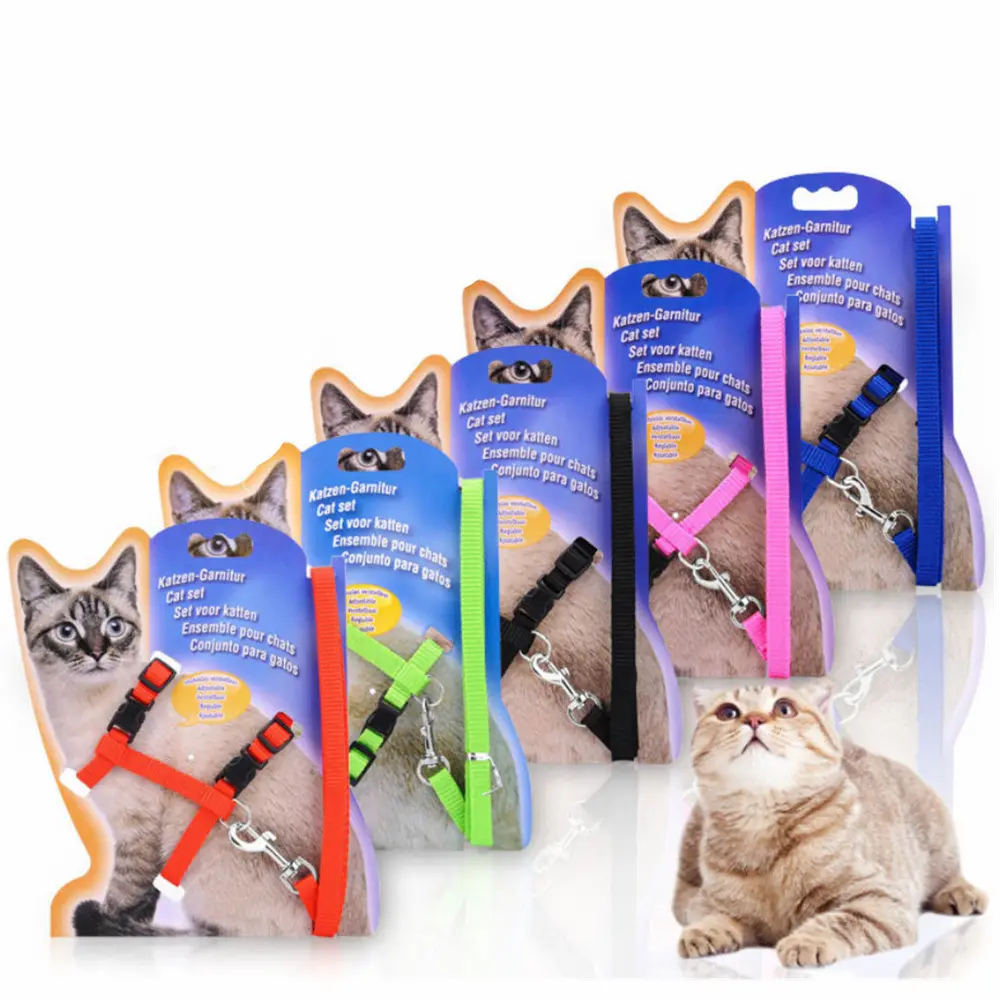 10 Kleur Verstelbare Pet Kat Halsband Voor Katten Gezellige Nylon Konijn Kitten Kedi Harness Leash Set