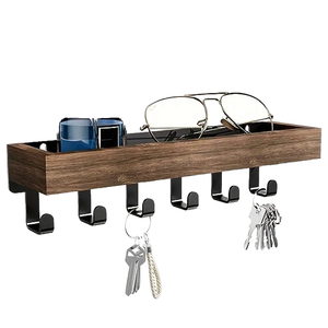 6-<b>Hook</b> Double Tier Wooden <b>Wall</b>-Mounted <b>Key</b> Rack Iron Metal Mail Organizer Multifunction Tools Home Entryway Living Room Office - Product Image 1