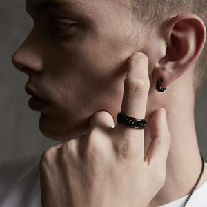 Anillo Giratorio de Acero Inoxidable 316L de 8MM, Anillo Unisex Antiestrés Negro/Azul/Plateado, Anillo Giratorio con Eslabones Cubanos Entrelazados/Cadena Doble - Product Image 5