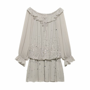 Robe courte à paillettes superposées pour femmes, col bateau à volants, robe d'été décontractée ample - Product Image 1