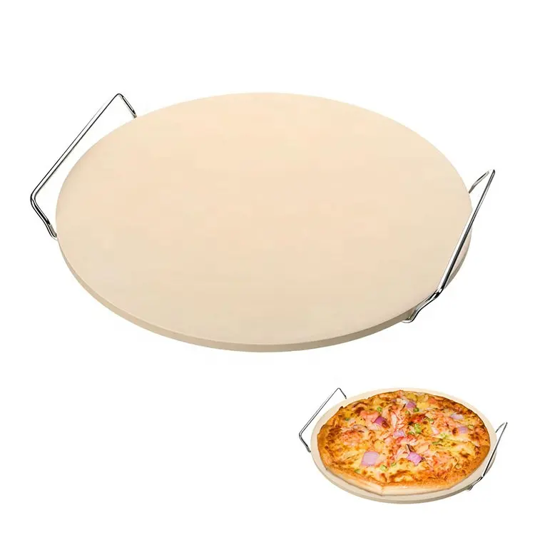BBQ Cordierite tonde Pizza pietra resistente al calore cottura per Pizza pietra per Grill con manici in metallo