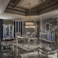 Ensemble de salle à manger classique de luxe doré, table longue en bois de style baroque français avec buffet et chaises en velours pour hôtel de luxe